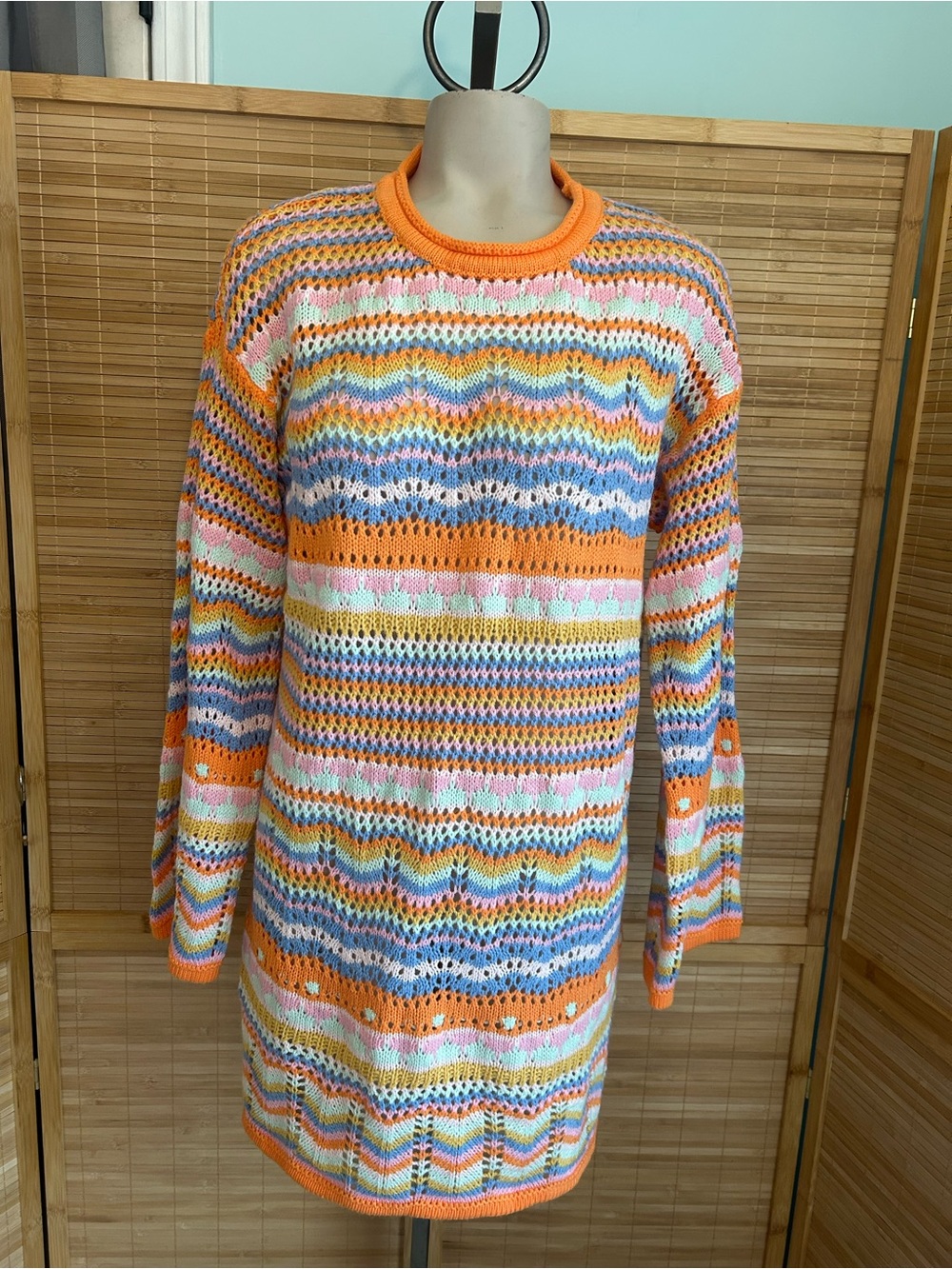 Unbranded colorful stripes open knit crotchet long sleeve sweater dress size M